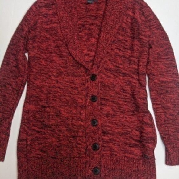 Armani Exchange Collared Cardigan Sweater Small Red Black Marble Knit Academia - Picture 2 of 6